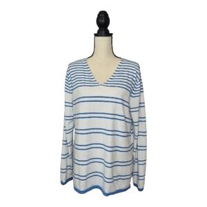 Lafayette 148 Sweater White Blue Striped V Neck Nautical Lightweight Womens Sz M